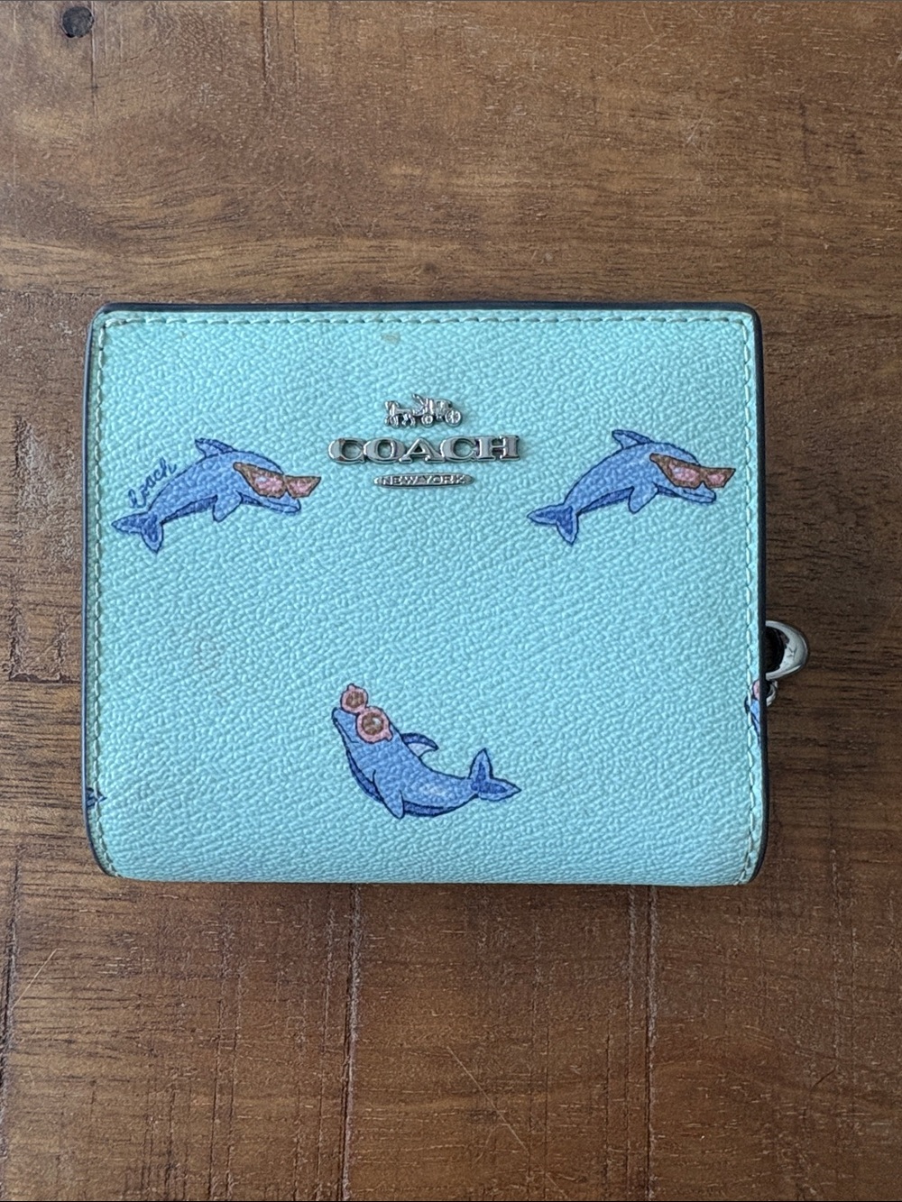 Coach Aqua Dolphin Wallet with Blue Dolphin Print